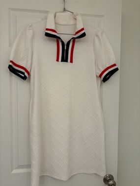 White Knit Short-Sleeve Women's dress with Red & Navy Trim